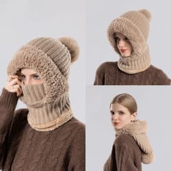 women's hooded knit balaclava hat – winter velvet fluffy ear protection neck warmer