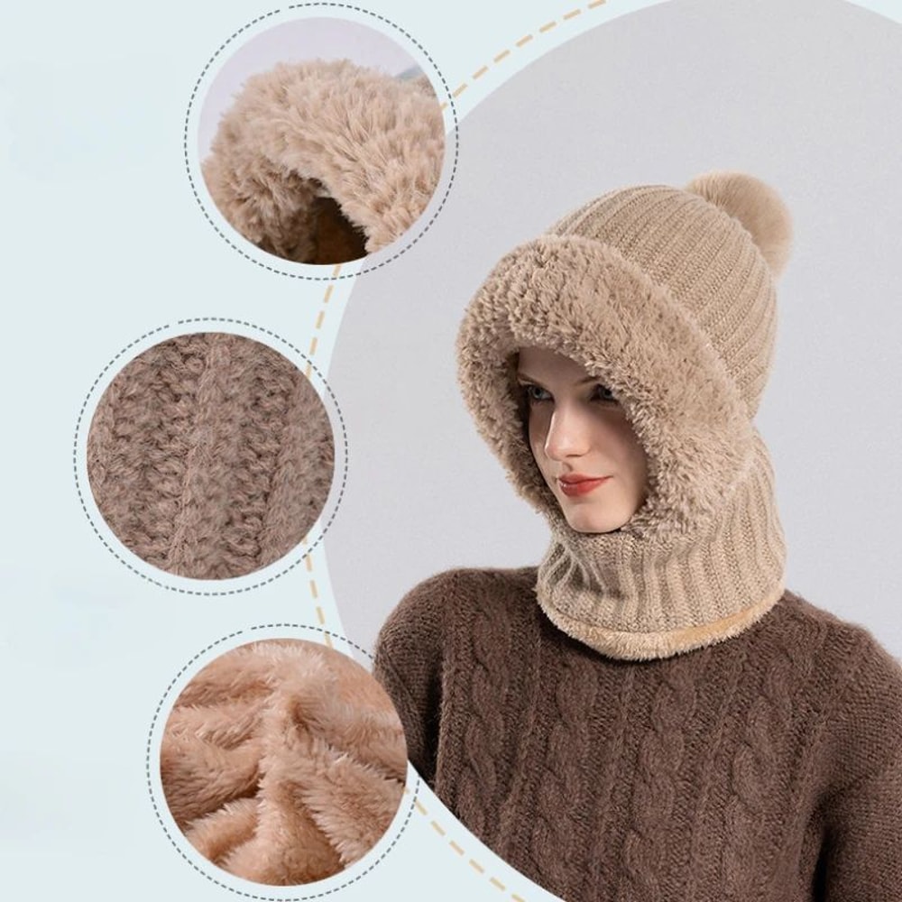 Womens Hooded Knit Balaclava Hat Winter Velvet Fluffy Ear Protection Neck Warmer 5