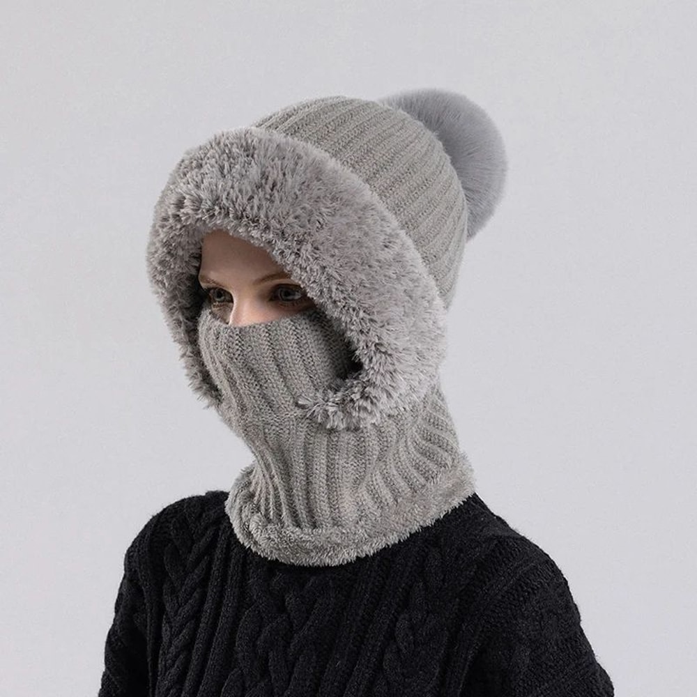Womens Hooded Knit Balaclava Hat Winter Velvet Fluffy Ear Protection Neck Warmer 8