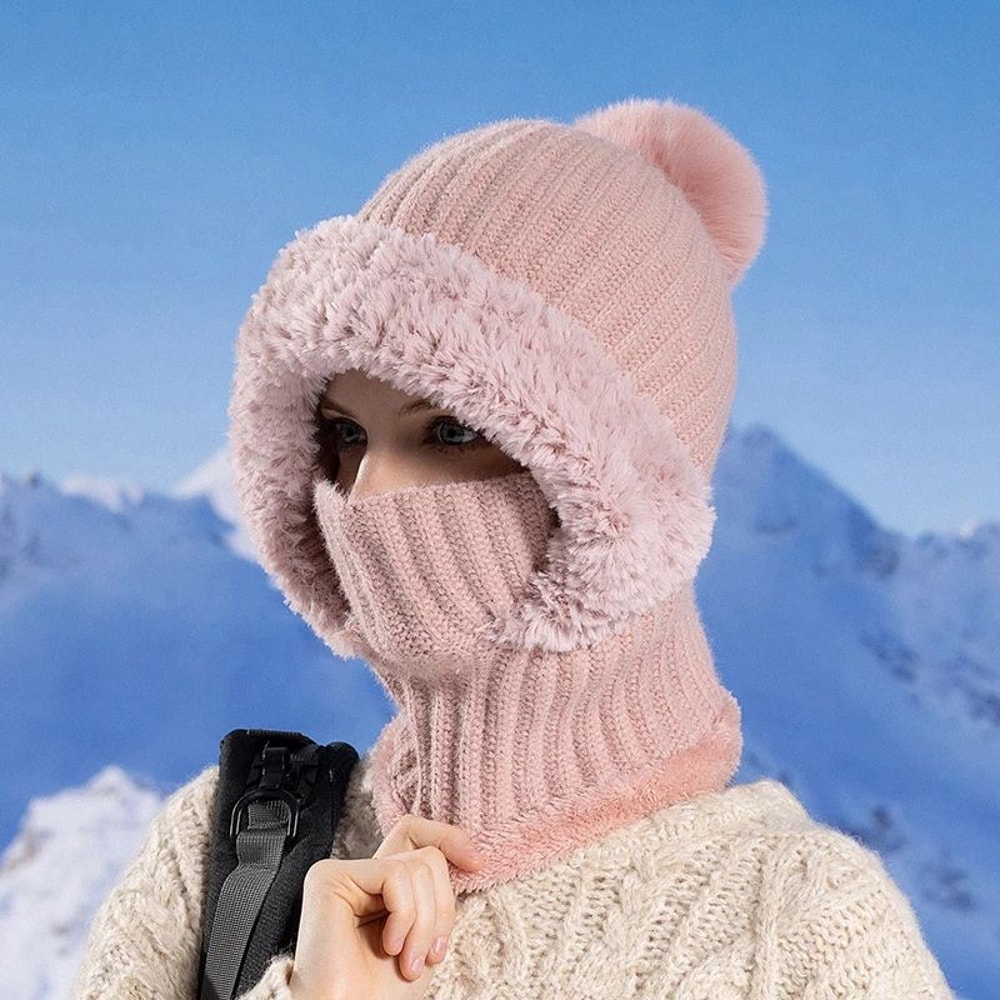 Womens Hooded Knit Balaclava Hat Winter Velvet Fluffy Ear Protection Neck Warmer 10