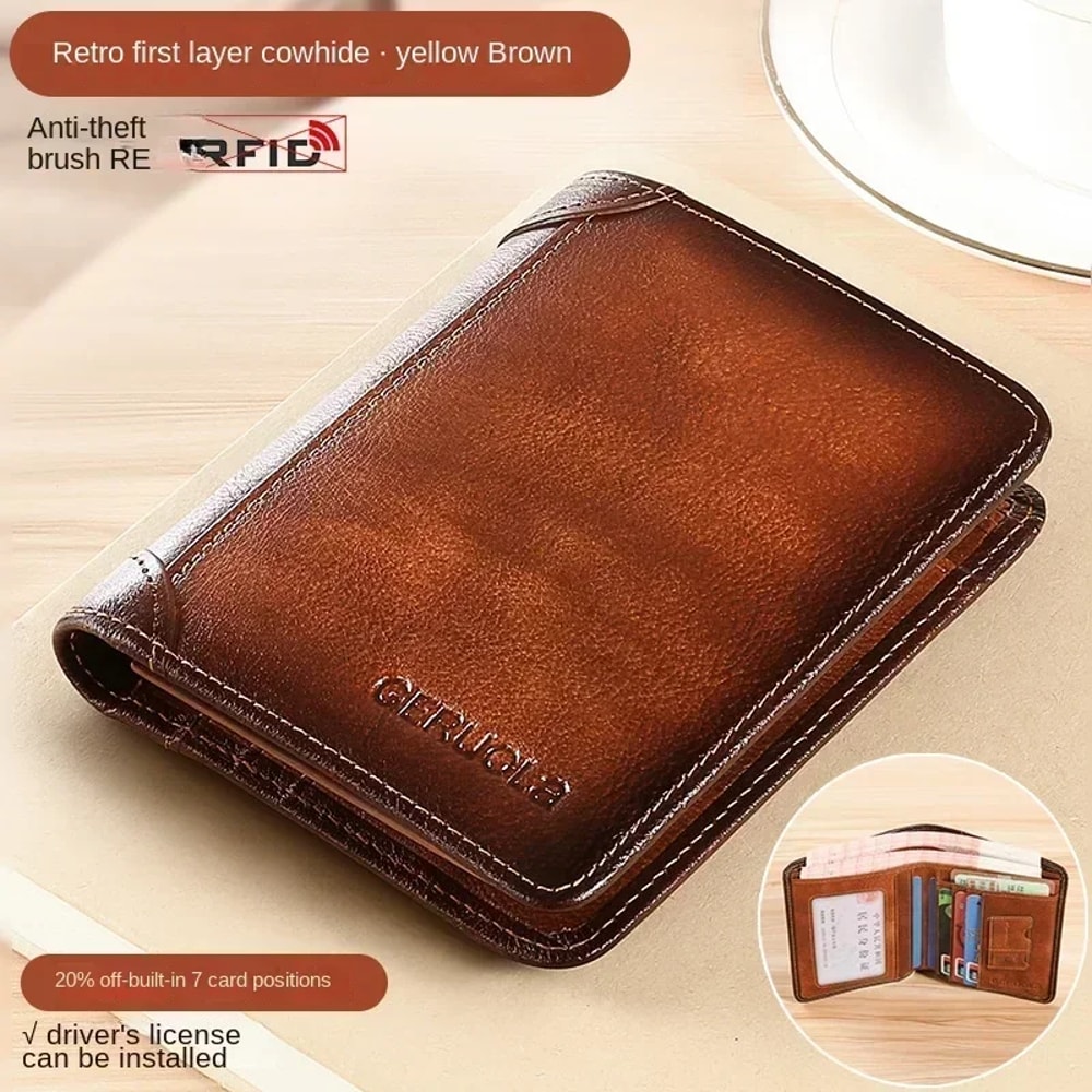 Genuine Leather Men Wallet RFID AntiTheft Trifold With ID Window 6