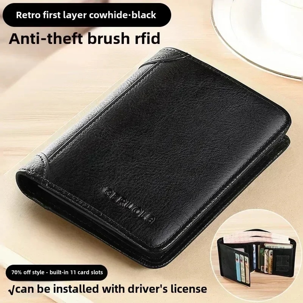 Genuine Leather Men Wallet RFID AntiTheft Trifold With ID Window 10