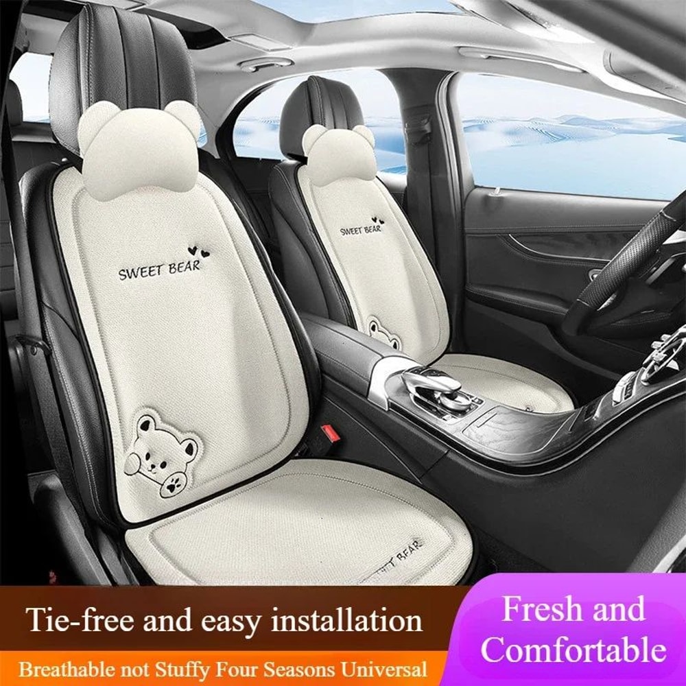 Luxury Cartoon Bear Linen Car Seat Cushion Cover Set AntiSlip Breathable Universal Fit For Front 1