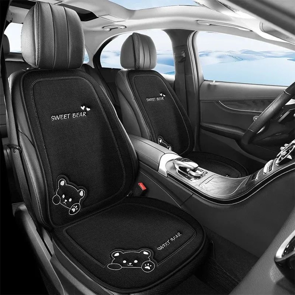 Luxury Cartoon Bear Linen Car Seat Cushion Cover Set AntiSlip Breathable Universal Fit For Front 2