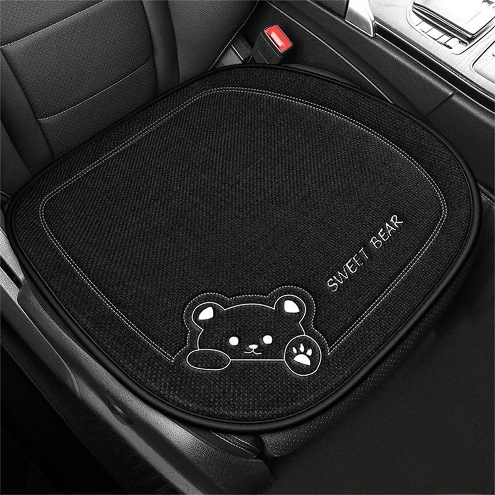 Luxury Cartoon Bear Linen Car Seat Cushion Cover Set AntiSlip Breathable Universal Fit For Front 3