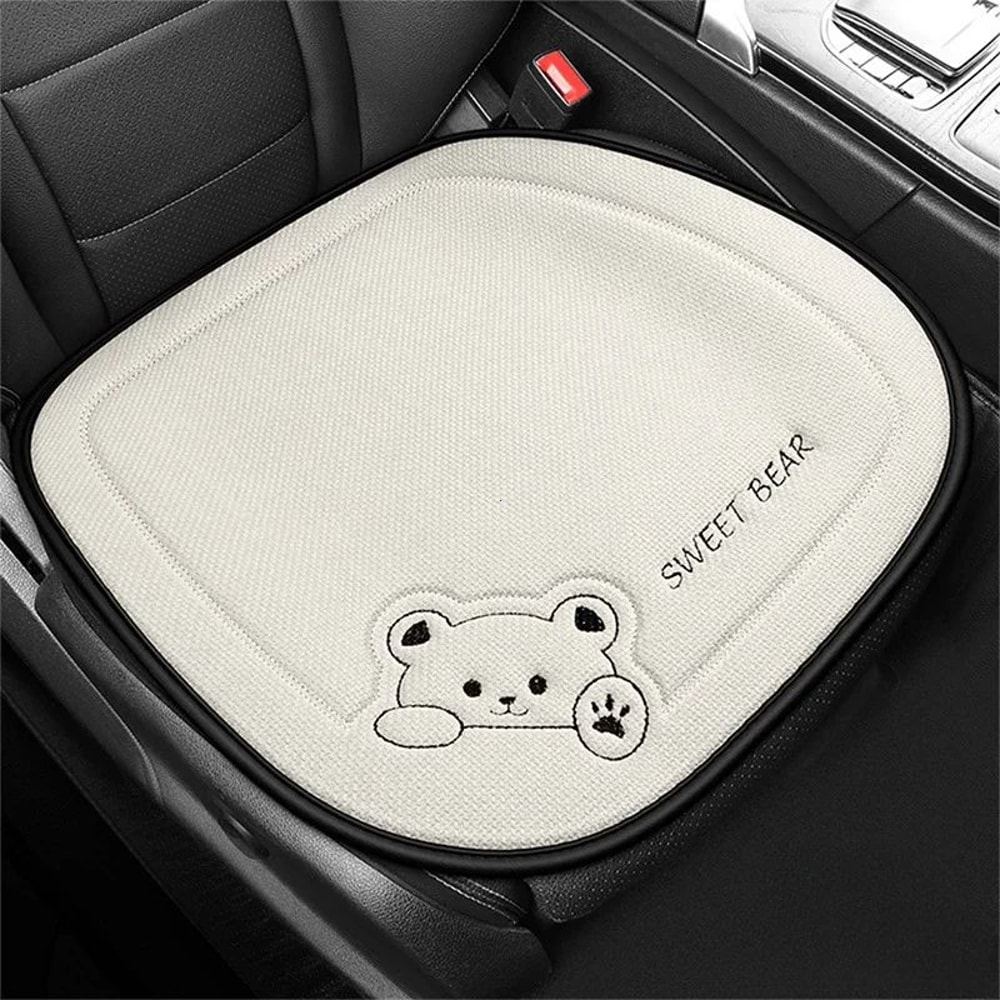 Luxury Cartoon Bear Linen Car Seat Cushion Cover Set AntiSlip Breathable Universal Fit For Front 4