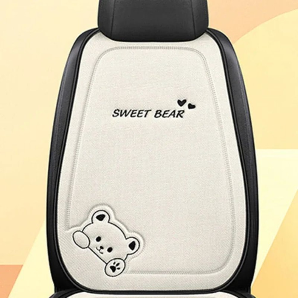 Luxury Cartoon Bear Linen Car Seat Cushion Cover Set AntiSlip Breathable Universal Fit For Front 16