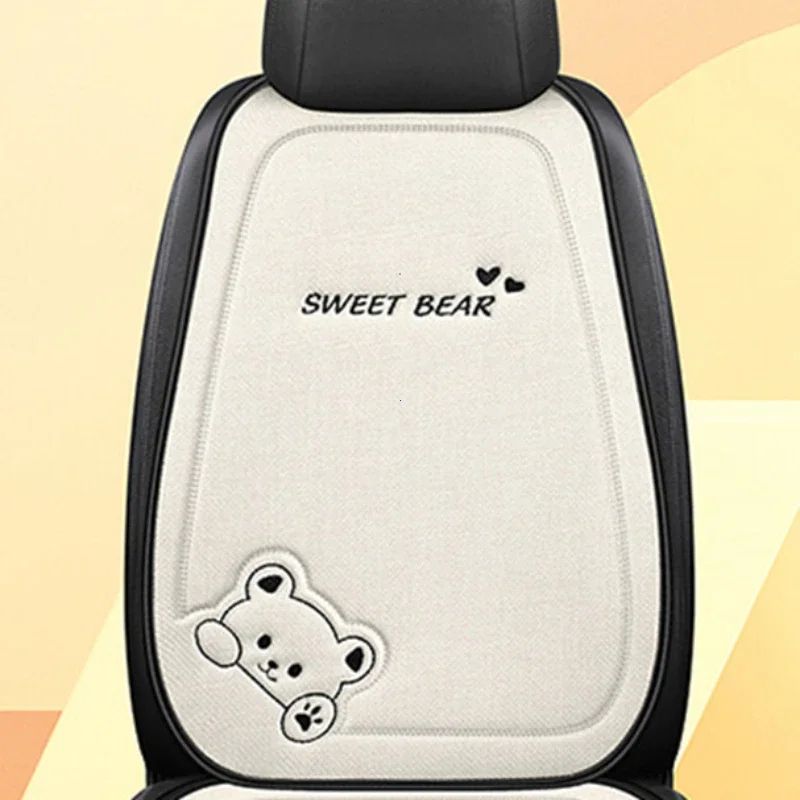 Luxury Cartoon Bear Linen Car Seat Cushion Cover Set AntiSlip Breathable Universal Fit For Front 16