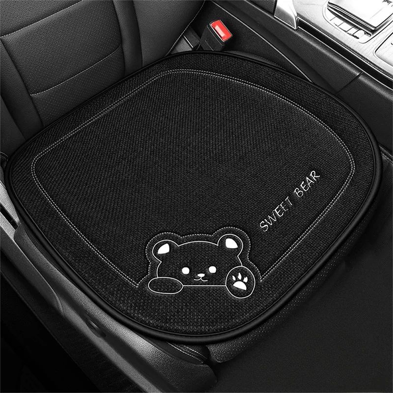 Luxury Cartoon Bear Linen Car Seat Cushion Cover Set AntiSlip Breathable Universal Fit For Front 7