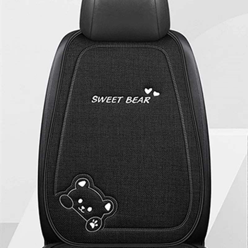 Luxury Cartoon Bear Linen Car Seat Cushion Cover Set AntiSlip Breathable Universal Fit For Front 9