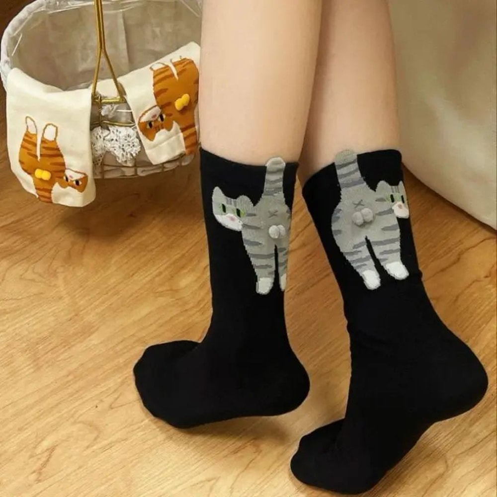 ALLTOOALL Cute 3D Cat Ball MidCalf Socks Korean Style Funny Womens Crew Socks 0