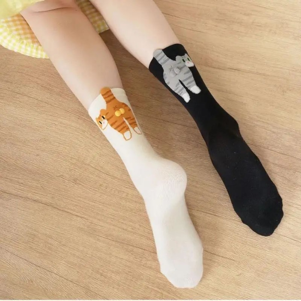 ALLTOOALL Cute 3D Cat Ball MidCalf Socks Korean Style Funny Womens Crew Socks 3