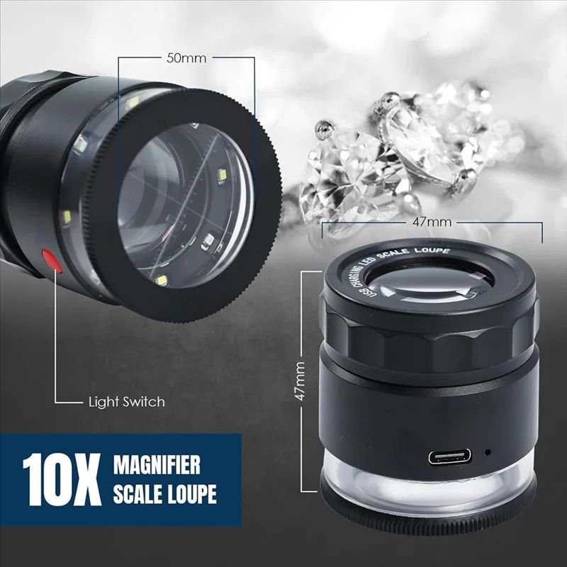 TFORU 10X Rechargeable LED Jewelry Loupe Magnifier With UV Light Measuring Scale Adjustable Focus 5