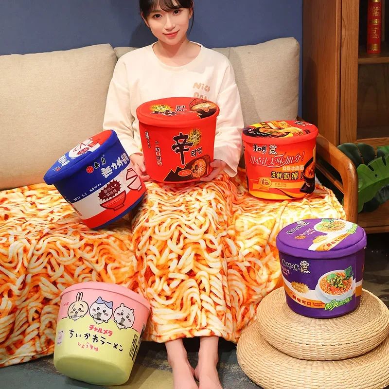 Bucket Instant Noodles Plush Pillow With Hidden Blanket Ramen Stuffed Cushion Gift 1