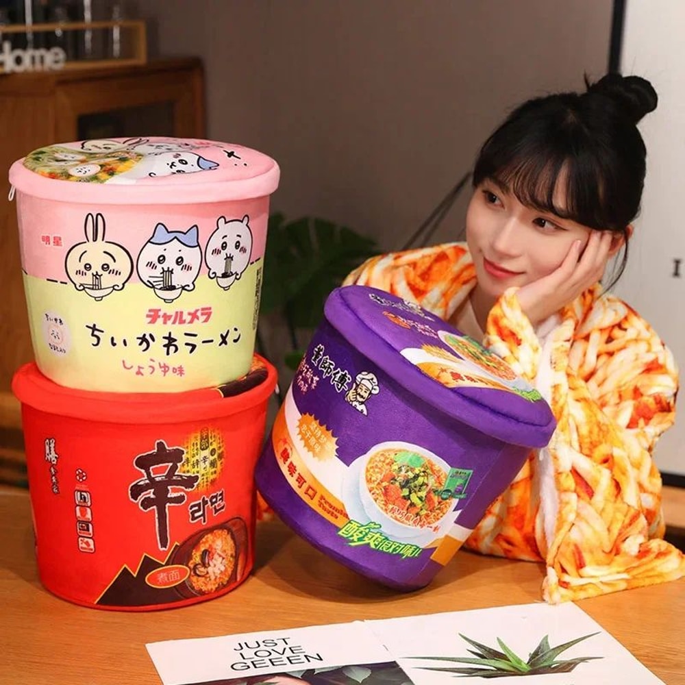 Bucket Instant Noodles Plush Pillow With Hidden Blanket Ramen Stuffed Cushion Gift 2