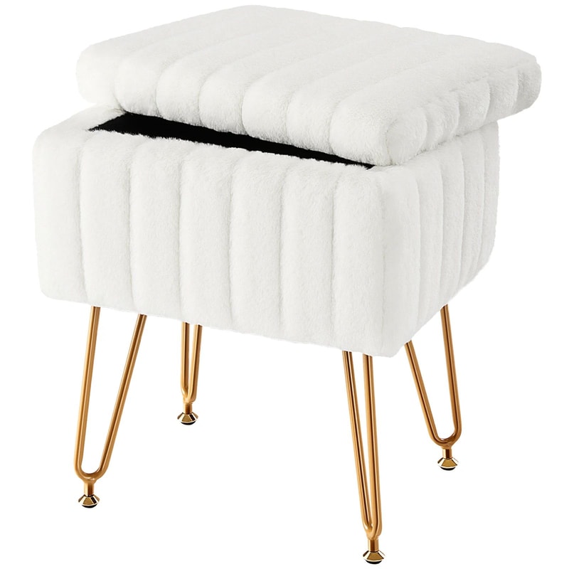 JHK Faux Fur Vanity Storage Stool With Hidden Compartment Plush Makeup Ottoman With Gold Metal Leg 5