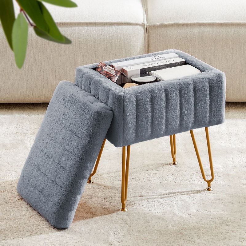 JHK Faux Fur Vanity Storage Stool With Hidden Compartment Plush Makeup Ottoman With Gold Metal Leg 6