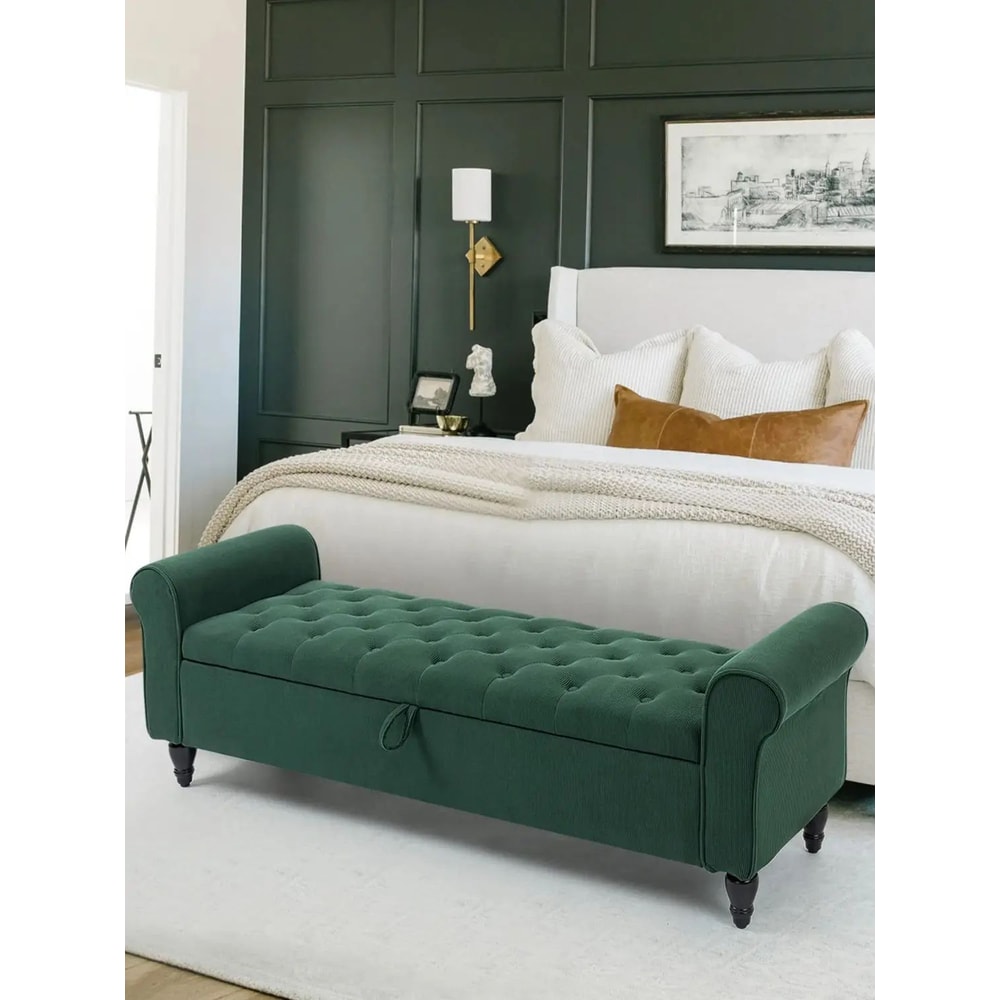 63in Tufted Storage Ottoman Bench Upholstered EndofBed Bench With Hidden Storage Rolled Arms 0