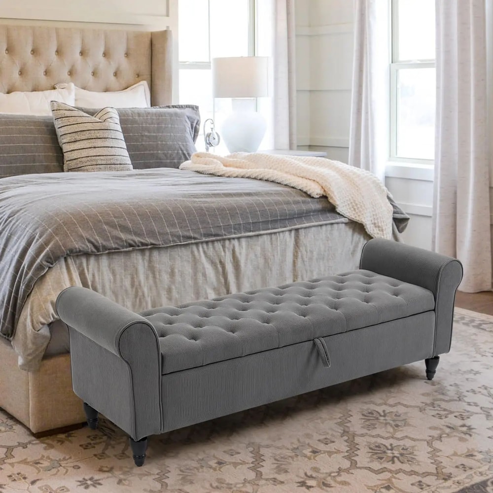 63in Tufted Storage Ottoman Bench Upholstered EndofBed Bench With Hidden Storage Rolled Arms 6