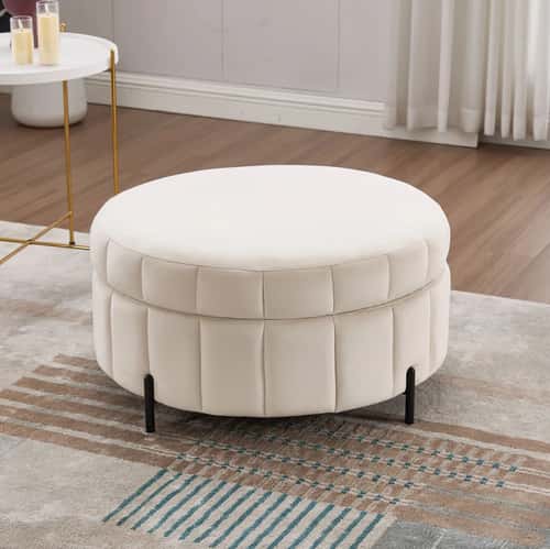 Wavesloop Velvet Pumpkin Round Storage Ottoman – Channel Tufted Upholstered Stool with Reversible Lid