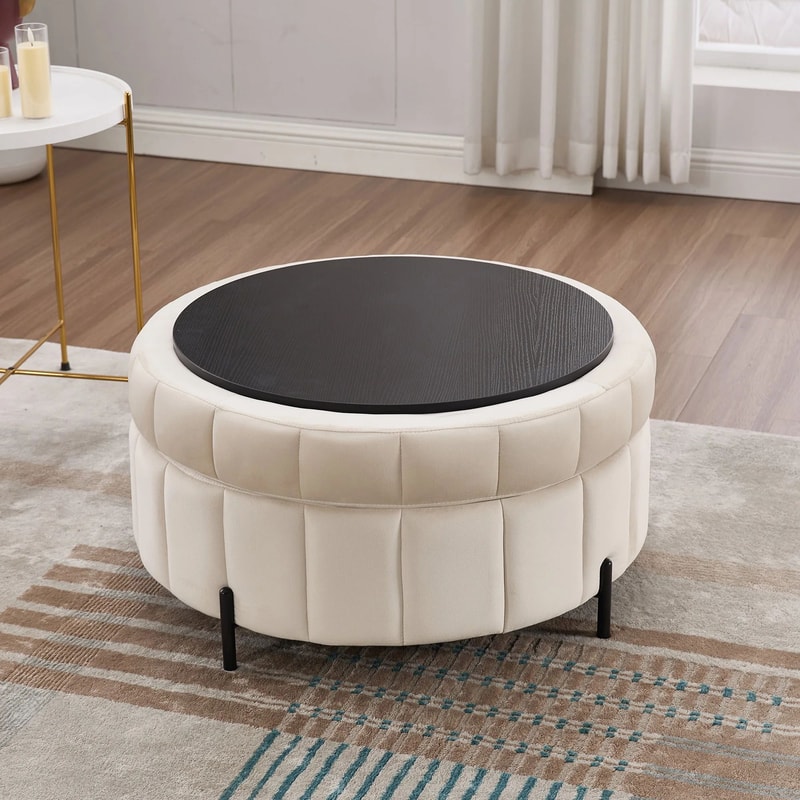 Wavesloop Velvet Pumpkin Round Storage Ottoman Channel Tufted Upholstered Stool With Reversible Li 1