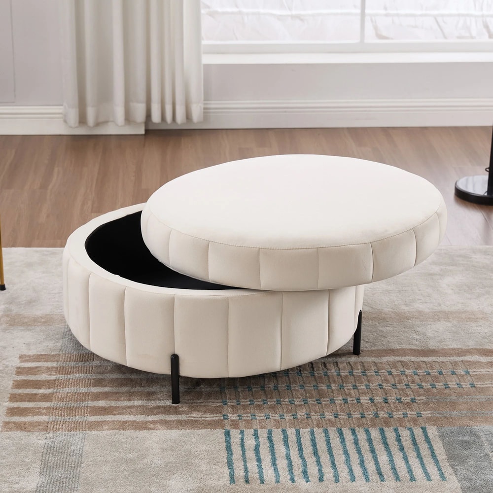 Wavesloop Velvet Pumpkin Round Storage Ottoman Channel Tufted Upholstered Stool With Reversible Li 3