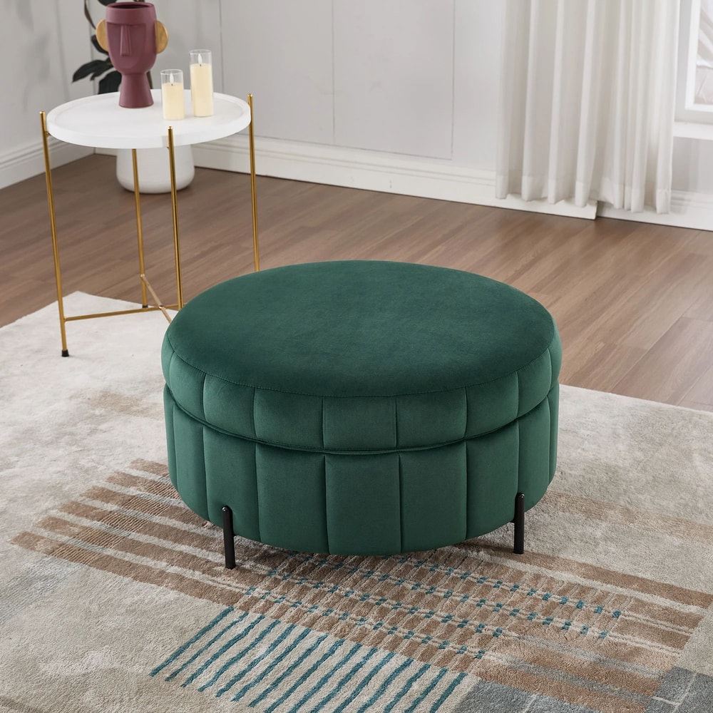 Wavesloop Velvet Pumpkin Round Storage Ottoman Channel Tufted Upholstered Stool With Reversible Li 8