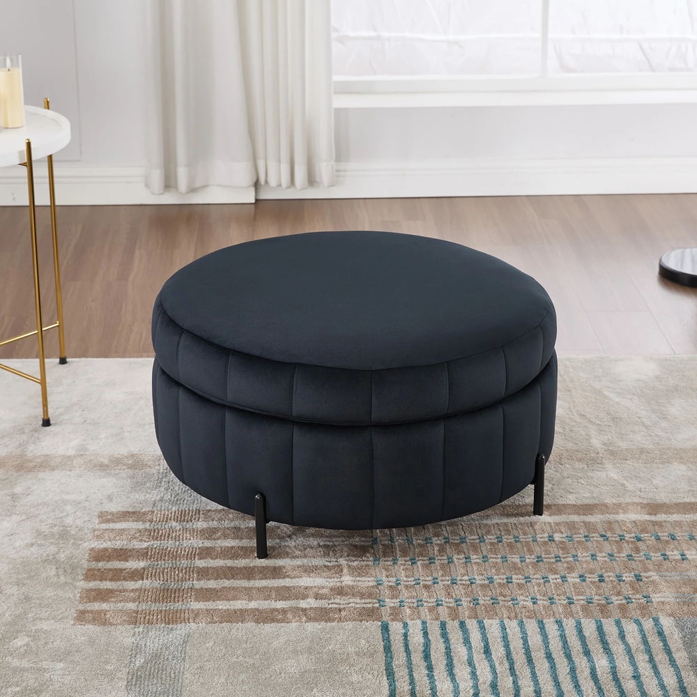 Wavesloop Velvet Pumpkin Round Storage Ottoman Channel Tufted Upholstered Stool With Reversible Li 9