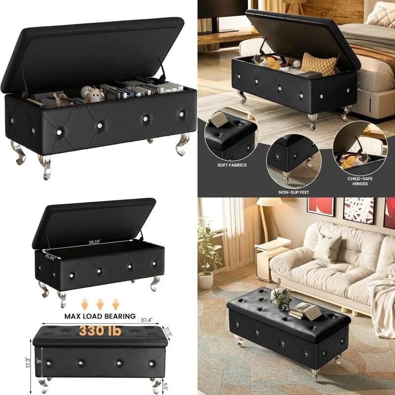 Modern Black PU Leather Storage Ottoman Bench With Safety Hinge Silver Legs 374in Bedroom Storage 1