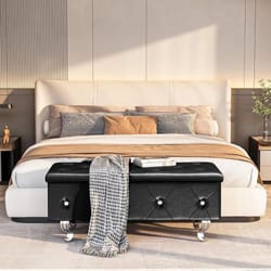 modern black pu leather storage ottoman bench with safety hinge & silver legs – 37.4in bedroom storage seat
