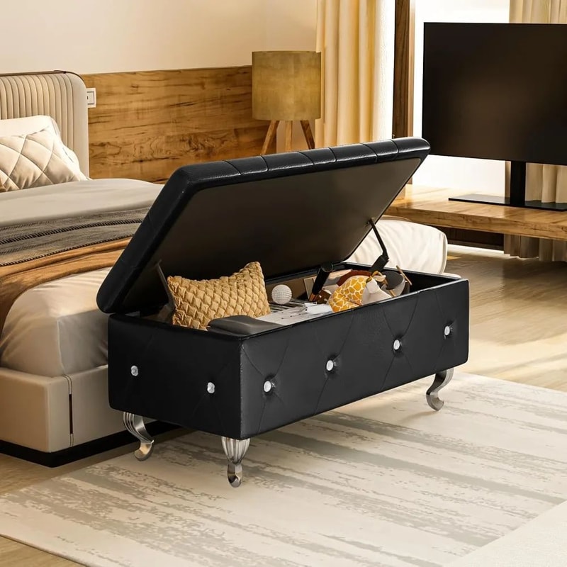 Modern Black PU Leather Storage Ottoman Bench With Safety Hinge Silver Legs 374in Bedroom Storage 4
