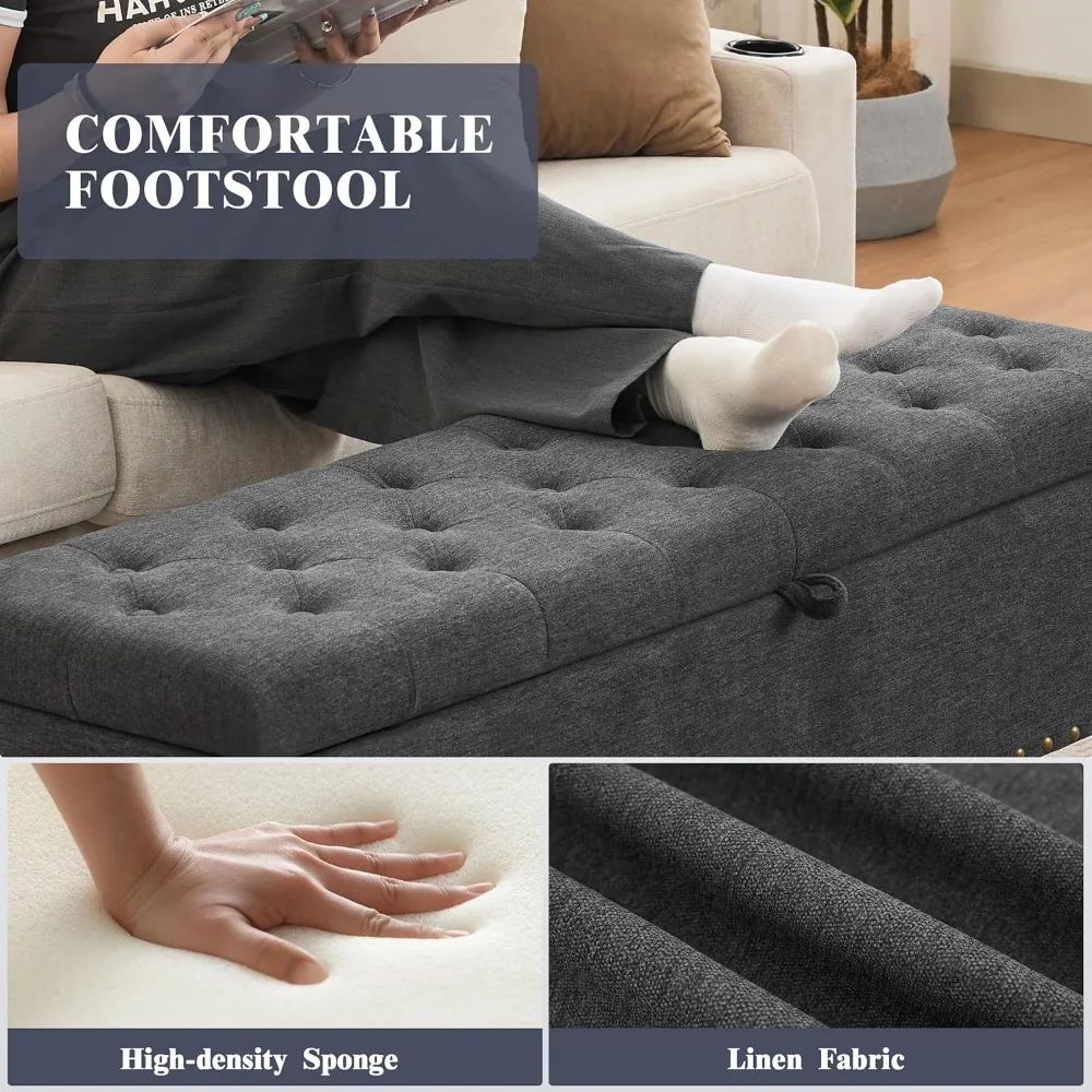 518in Dark Gray Linen Storage Ottoman Bench Large Upholstered Rectangular Seat With Safety Hinges 4