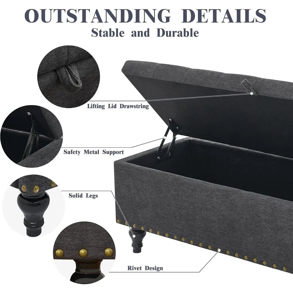 518in Dark Gray Linen Storage Ottoman Bench Large Upholstered Rectangular Seat With Safety Hinges 5