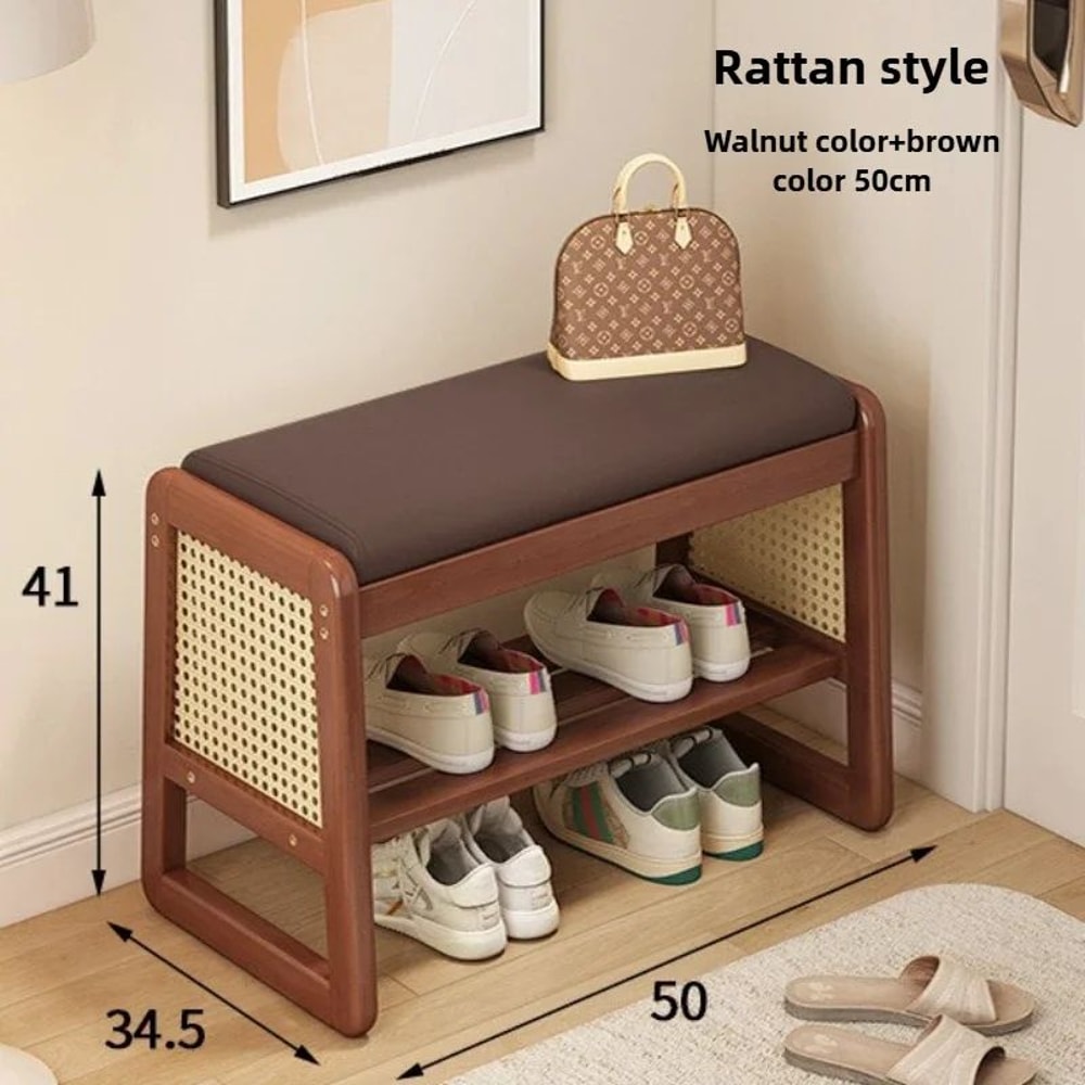 Teng Solid Wood Woven Shoe Bench MultiLayer Entryway Shoe Changing Stool With Storage 24