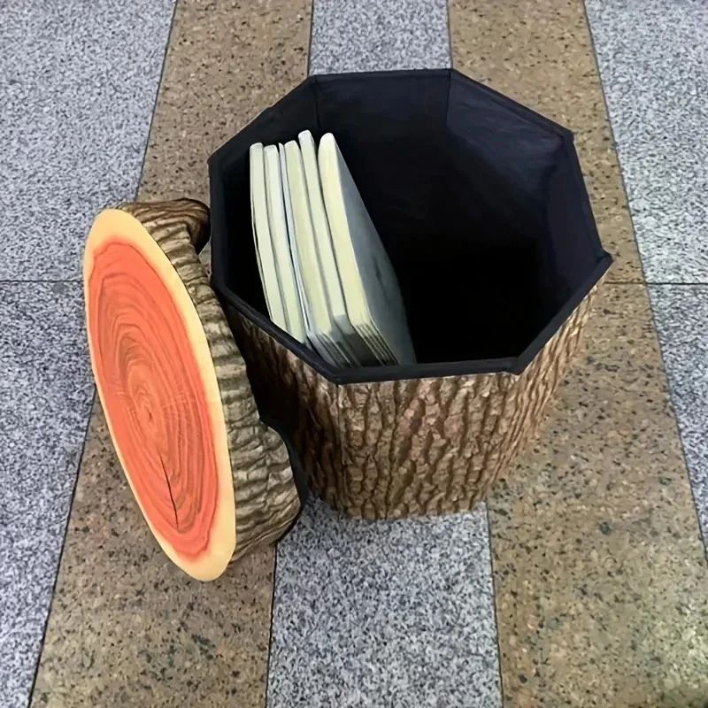 Rustic Tree Stump Folding Storage Ottoman Collapsible Footrest Seat With Hidden Storage 2