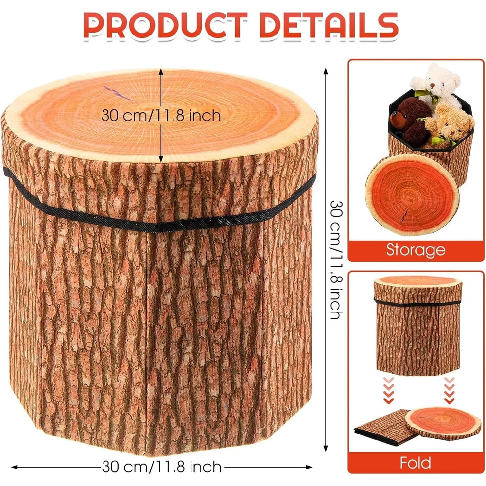 Rustic Tree Stump Folding Storage Ottoman Collapsible Footrest Seat With Hidden Storage 4