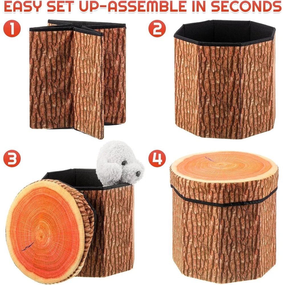 Rustic Tree Stump Folding Storage Ottoman Collapsible Footrest Seat With Hidden Storage 5