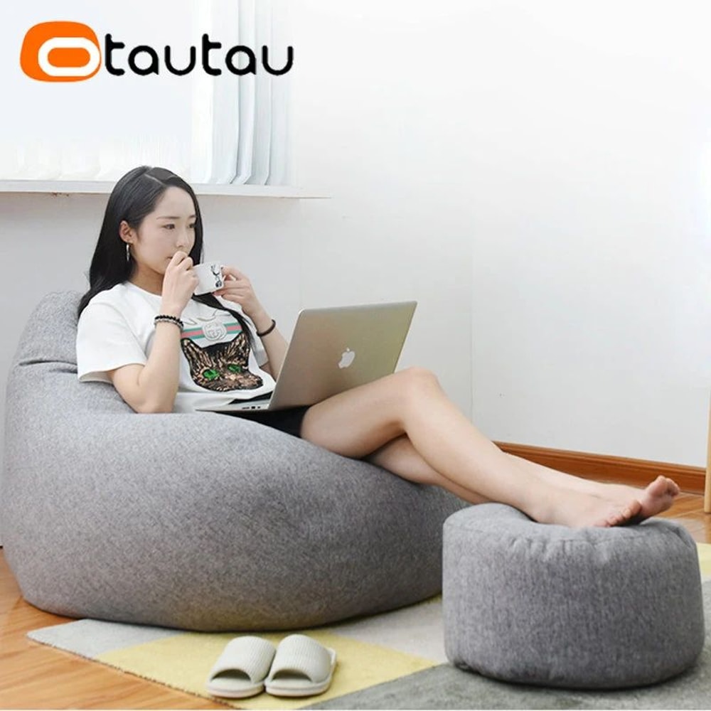 Round Linen Bean Bag Ottoman Filled Pouf Footstool For Living Room Tatami Seating 2