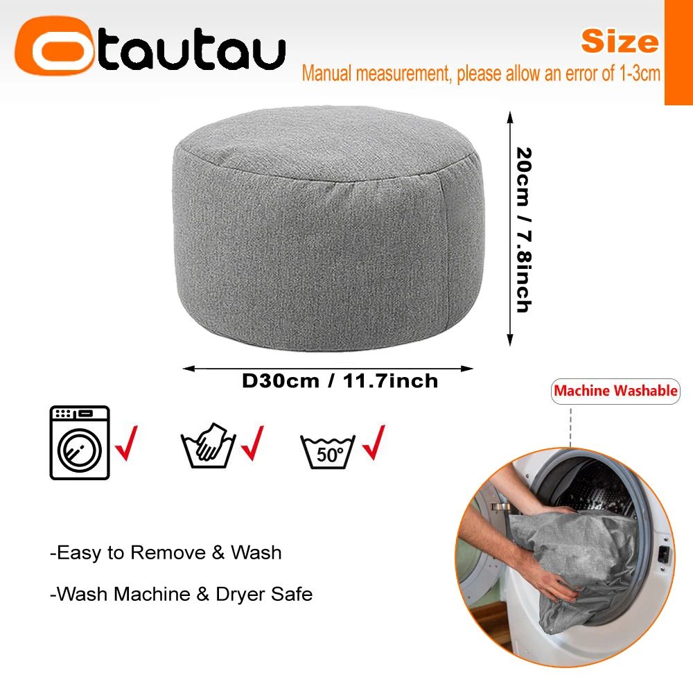 Round Linen Bean Bag Ottoman Filled Pouf Footstool For Living Room Tatami Seating 4