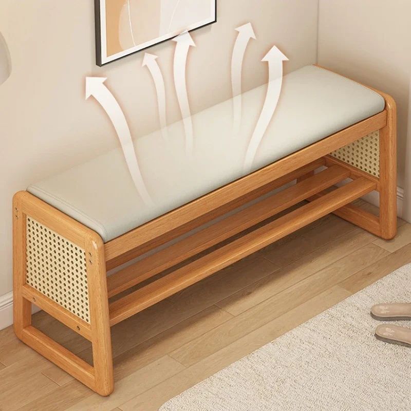 Rattan Woven Shoe Bench With Solid Wood Frame Entryway MultiLayer Storage Stool 5