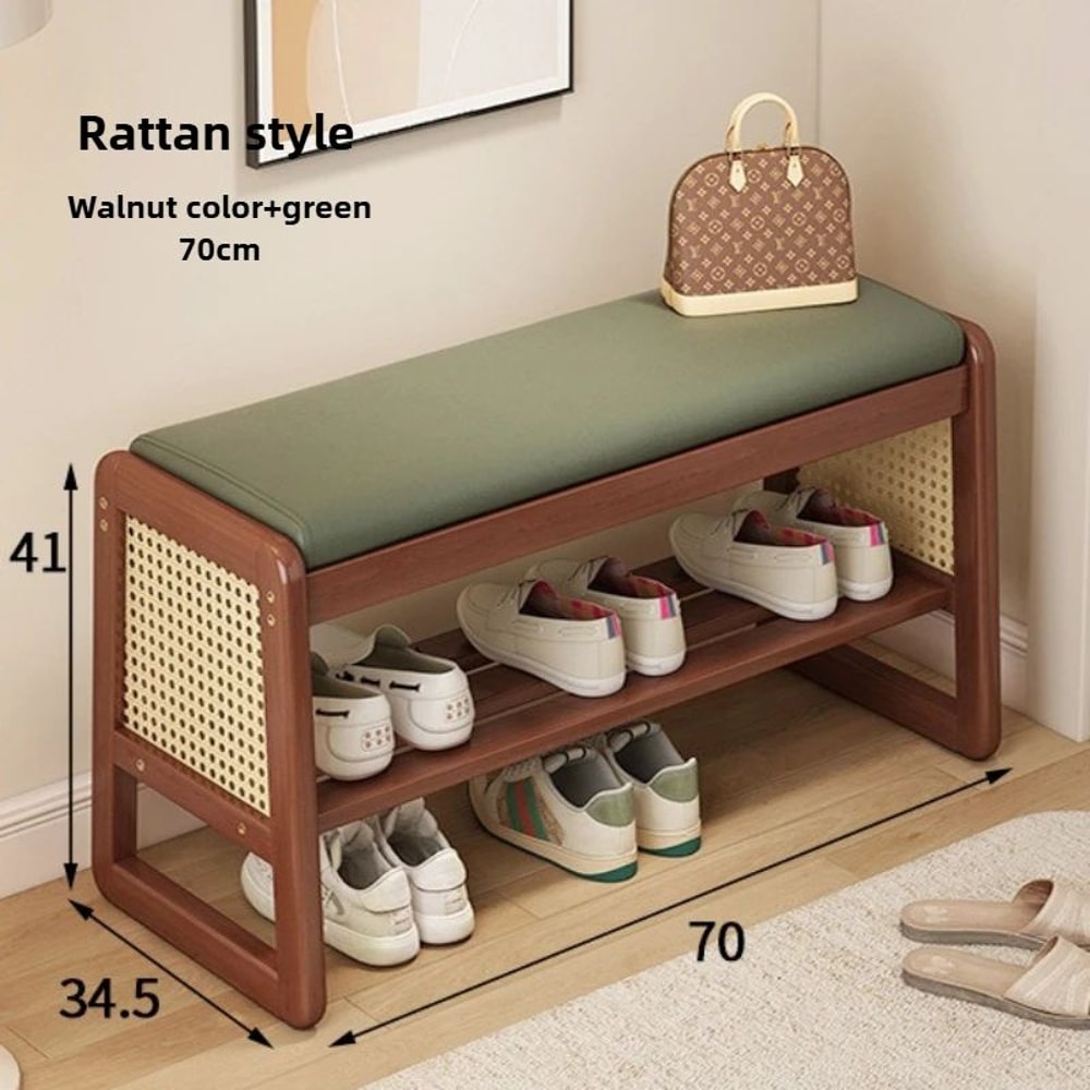 Rattan Woven Shoe Bench With Solid Wood Frame Entryway MultiLayer Storage Stool 11