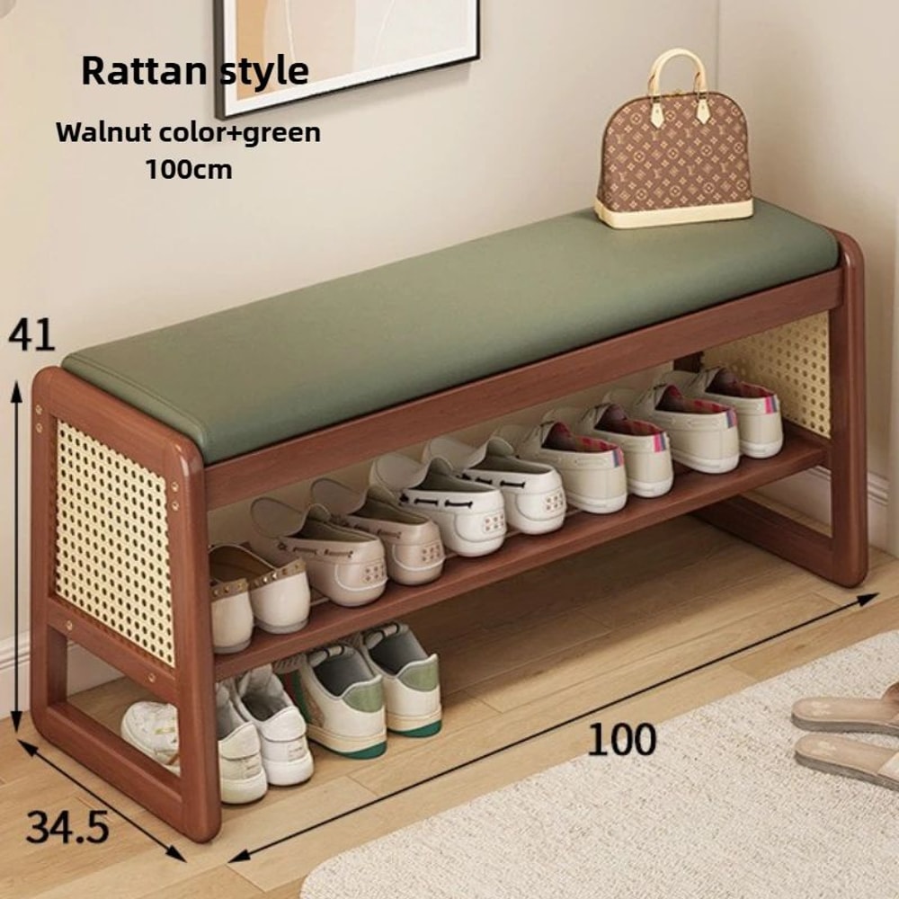 Rattan Woven Shoe Bench With Solid Wood Frame Entryway MultiLayer Storage Stool 12