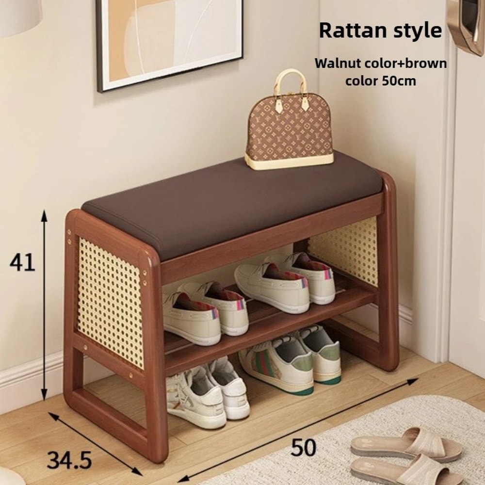 Rattan Woven Shoe Bench With Solid Wood Frame Entryway MultiLayer Storage Stool 24