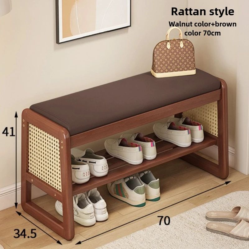Rattan Woven Shoe Bench With Solid Wood Frame Entryway MultiLayer Storage Stool 25