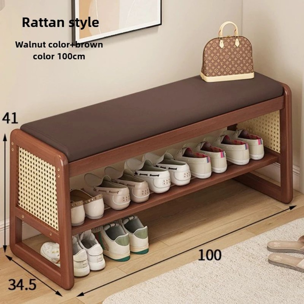 Rattan Woven Shoe Bench With Solid Wood Frame Entryway MultiLayer Storage Stool 26