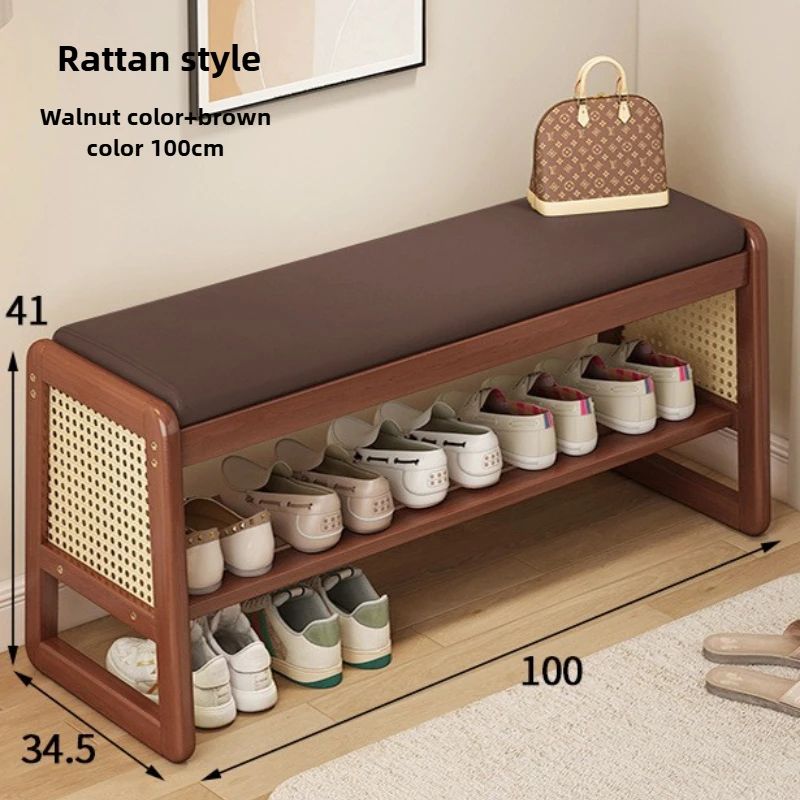 Rattan Woven Shoe Bench With Solid Wood Frame Entryway MultiLayer Storage Stool 26