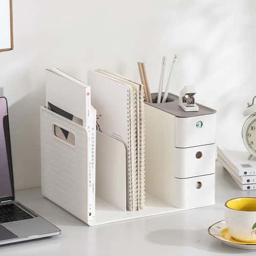 Desktop Book Holder with Dual Drawers – Bookends & Magazine File Organizer Rack