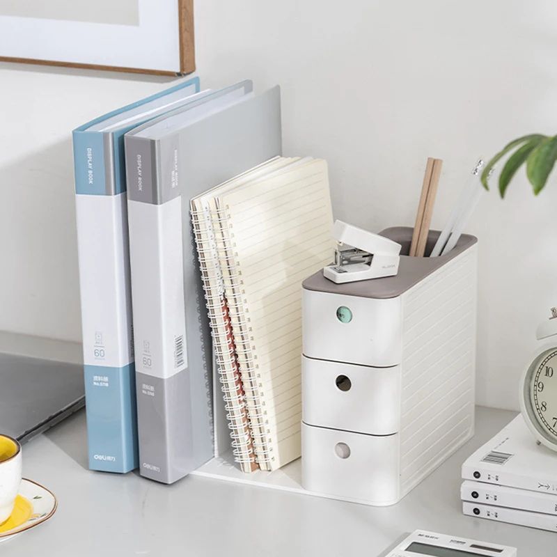 Desktop Book Holder With Dual Drawers Bookends Magazine File Organizer Rack 2