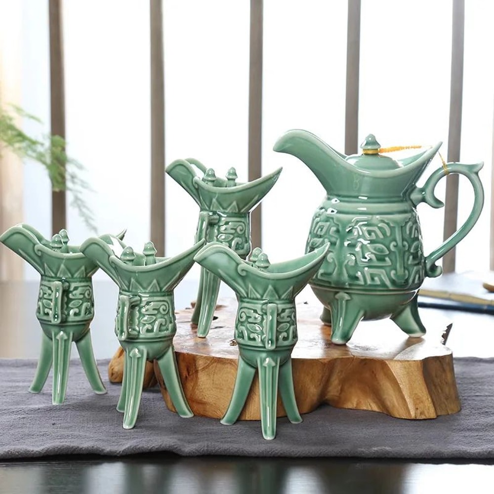 ImperialCharm Retro Ceramic Baijiu Wine Set One Catty Pot With 12 Cups Gift Box Edition 5