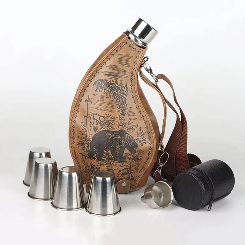 Western Cowboy Horn Hip Flask Set Stainless Steel Flagon With Leather Case Funnel 4